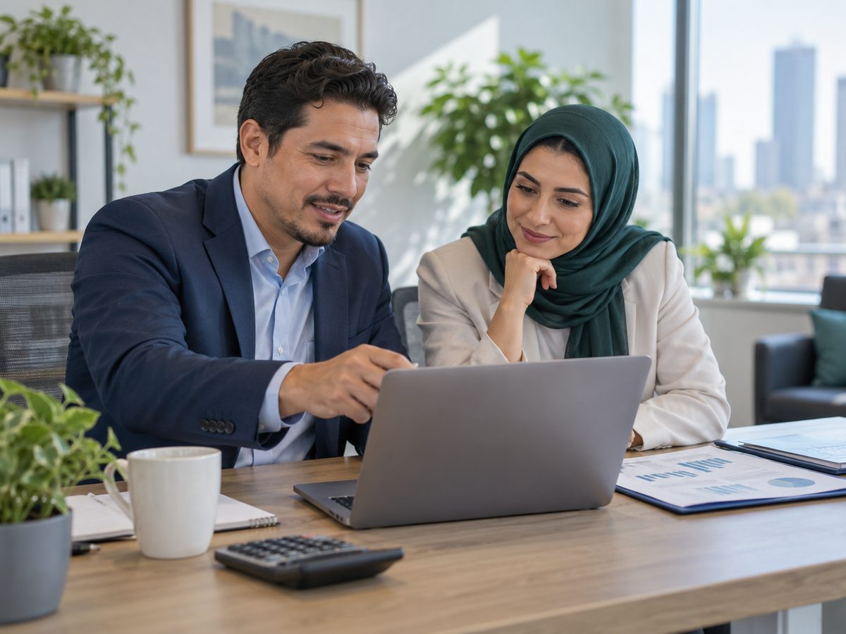 A man in a navy blazer and a woman in a green hijab reviewing financial charts on a laptop in an office
