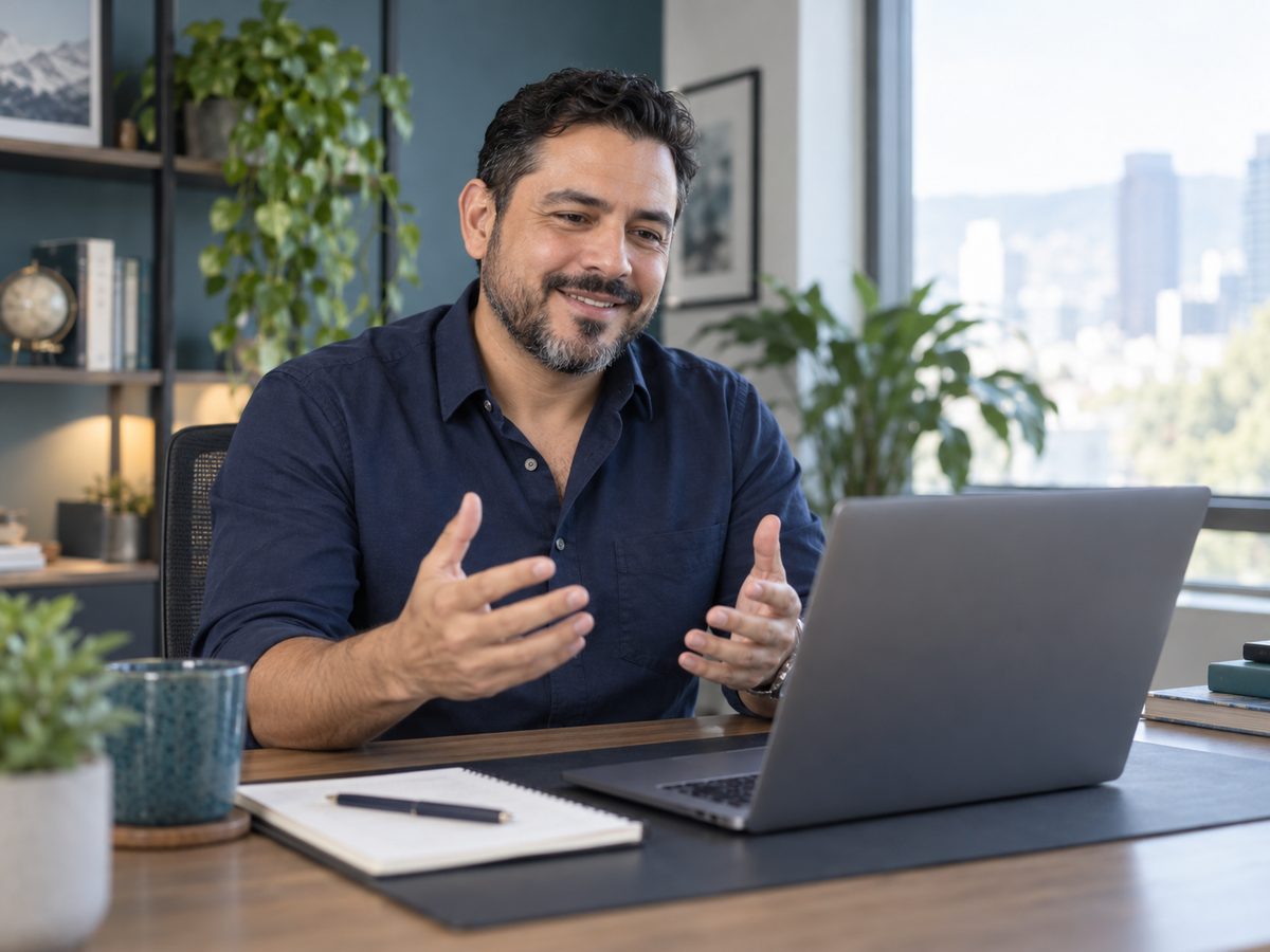 Bearded man in a navy shirt gesturing at his laptop during a video call, with a notebook on the desk