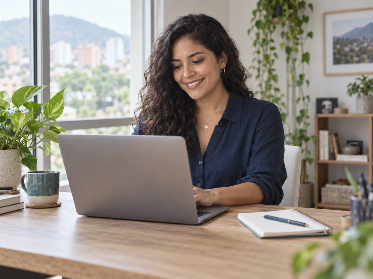 Smiling woman with dark curly hair working on a laptop at a wooden desk, with plants and a view of hills and the city behind her
