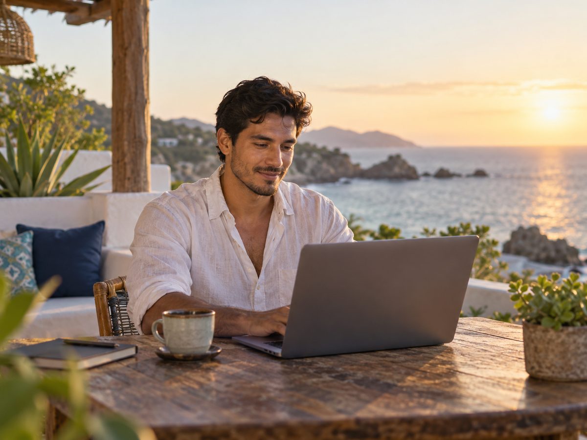 Man in a white linen shirt working on a laptop at an outdoor wooden table with a sea view at sunset