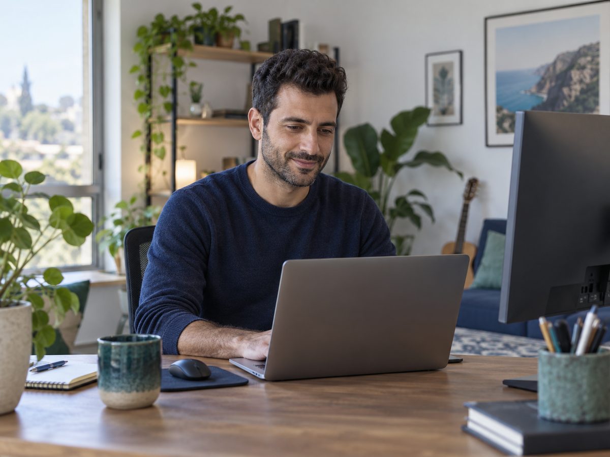 Bearded man in a navy sweater working on a laptop in a home office with plants and a guitar