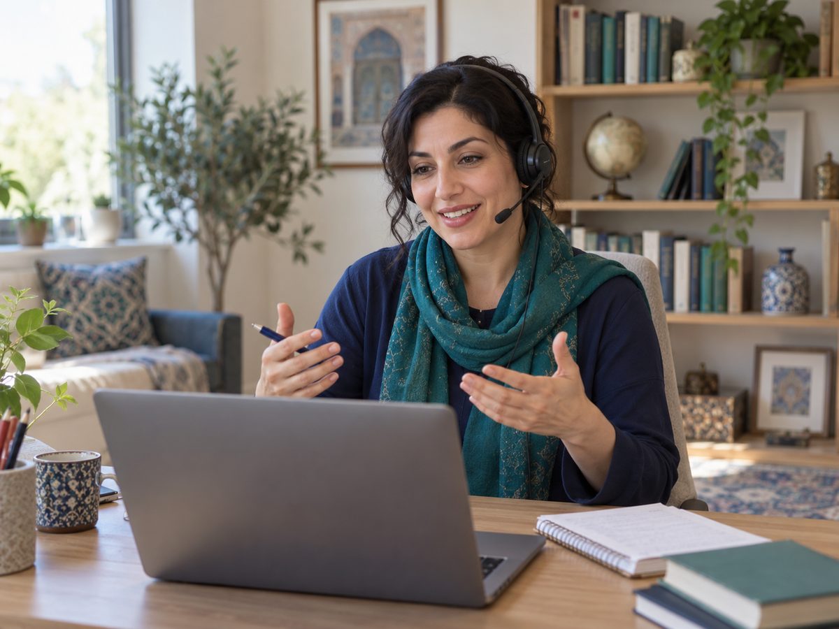 Woman wearing a headset and a teal scarf teaching on a video call, with bookshelves and a globe behind her