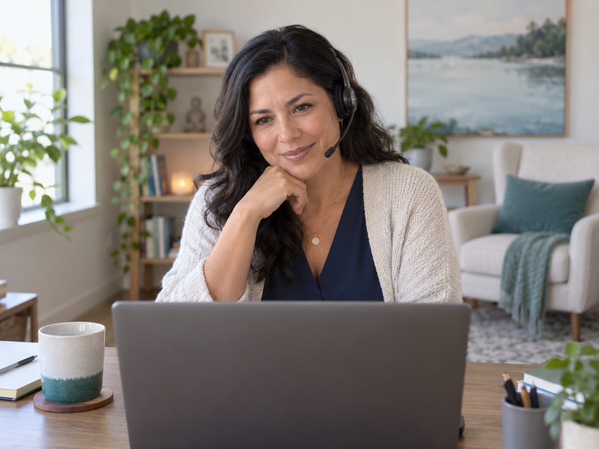 Smiling woman with a headset resting her chin on her hand in front of a laptop in a calm living room